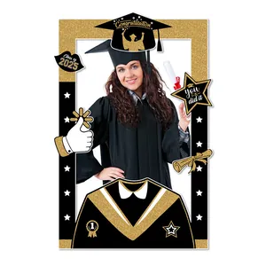 Black and gold 2025 graduation photo frame prop with glittery graduation cap and medals