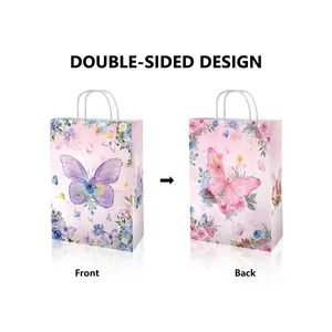 Pink butterfly and floral kraft paper gift bags with handles for party treats
