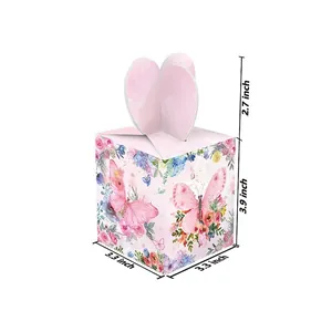Pink butterfly and flower candy gift box with heart top closure and size dimensions