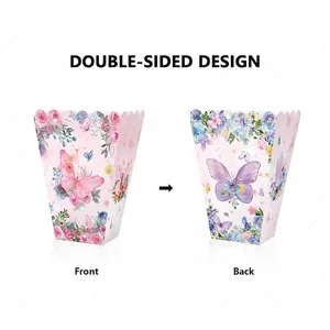 Pink butterfly and floral snack boxes for birthdays with double-sided watercolor design