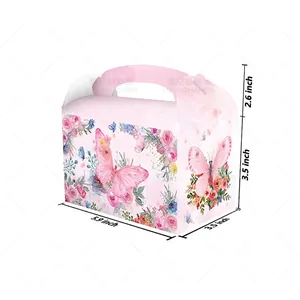 Boîte cadeau rose avec papillons et fleurs, poignée incluse, 5,9x3,5x3,5 pouces