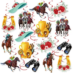 Kentucky Derby Horse Racing Theme Party Decorations Red Swirls Hanging Ornaments Jockey Trophy Rose Horseshoe Party Decor