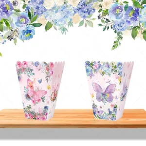 Pink butterfly and flower party snack popcorn boxes with scalloped edges for events