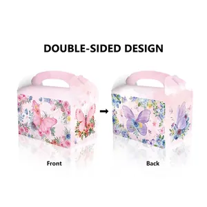 Boîtes à cadeaux roses motif papillon avec poignées pour fêtes d'anniversaire