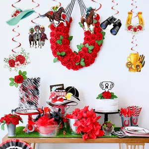 Kentucky Derby horse racing party decorations with trophies and roses spiral hangings