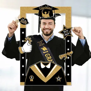 Detail of 2025 graduation photo frame and sash set with black gold glitter design