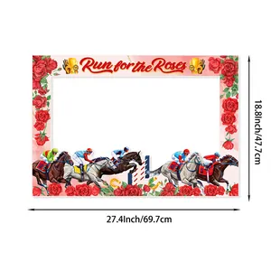 Cadre photo de fête Kentucky Derby avec roses rouges et illustration de course hippique