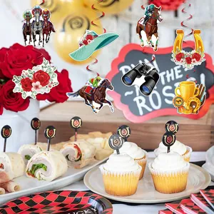 Kentucky Horse Racing party decoration set with hanging swirls and jockey trophy patterns