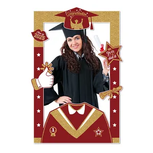 2025 graduation photo booth frame in black and gold with sparkling glitter accents