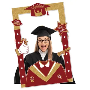 Class of 2025 graduation photo booth frame in red and gold with stars and glitter