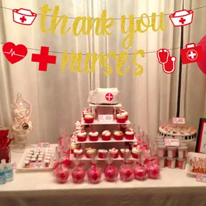 Bannière dorée pailletée Thank You Nurses avec icônes médicales pour fête d'infirmières