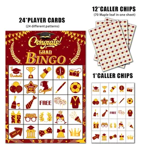 Detailset mit 24 rot-goldenen Abschluss-Bingo-Spielkarten mit festlichen Symbolen