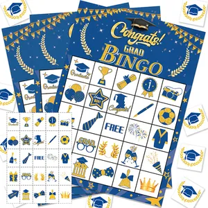 Abschluss-Bingo-Set in Blau und Gold mit Doktorhut-, Trophäen- und Medaillensymbolen