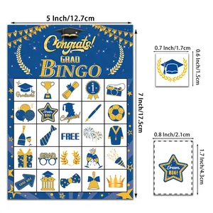 Detaillierte Größenangaben für Abschluss-Bingo-Spielkarten und Sticker in Blau und Gold