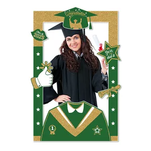 2025 Graduation Class photo booth frame in green and gold with academic mortarboard design