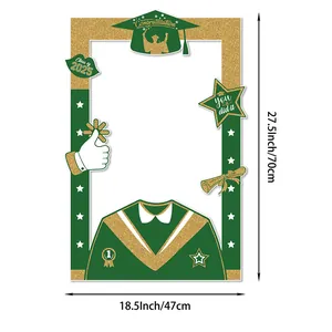 Class of 2025 graduation photo booth frame in green and gold with size dimensions