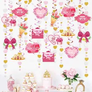 Decoraciones colgantes para el Día de la Madre con espirales rosas y figuras de papel