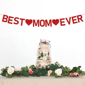 Glittery red Best Mom Ever banner with hearts for Mother's Day party decoration