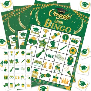 Abschlussfeier Bingo Spielkarten-Set in Grün und Gold mit Doktorhut-Aufklebern