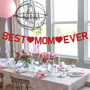 Glittery red Best Mom Ever banner with hearts for Mother's Day party decoration