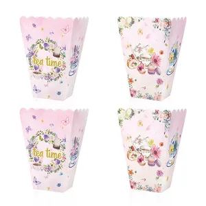 Floral tea party snack boxes in pink with wavy edges for popcorn and afternoon tea treats