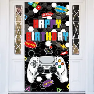 Detail of gaming birthday door banner with controller illustration and Level Up text