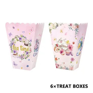 6-pack floral tea time snack treat boxes with wavy edges and watercolor design