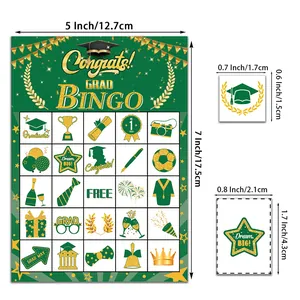 Detailansicht der Abschluss-Bingo-Karten in Grün und Gold mit genauen Größenangaben