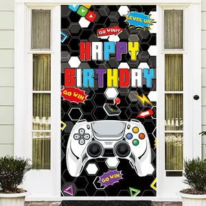 Detail of gamer birthday door banner featuring game controller on residential house entrance