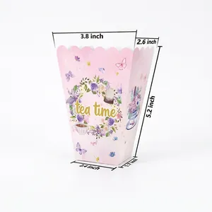 Floral tea theme popcorn snack box with dimensions for parties and afternoon tea events