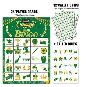 Detailset aus 24 Abschluss-Bingo-Karten mit grün-goldenen Glitzer-Party-Motiven