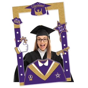 Vertical 2025 graduation photo booth frame in purple and gold with glitter accents