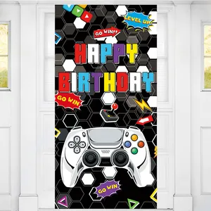 Game console theme Happy Birthday door banner hanging on a white indoor double door