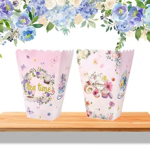Floral tea theme disposable snack boxes with pink scalloped edges and tea time illustrations