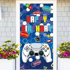 Video game themed Happy Birthday door banner with controller design and neon accents