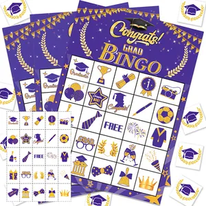 Abschluss-Bingo-Spielset in Lila und Gold mit akademischen Symbolen für Ihre Schulabschlussfeier