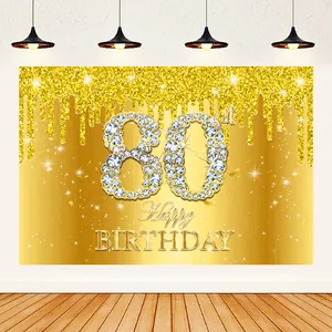 Golden 80th birthday backdrop with sparkling glitter and Happy Birthday text for party