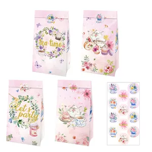 Floral Tea Party Kraft Paper Gift Bags With Stickers Watercolor Flower Tea Set Dessert Pattern For Birthday Party Favors