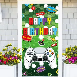 Video game theme Happy Birthday door banner featuring white controller and neon green patterns