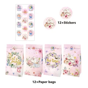Tea time party gift set with 12 floral paper bags and matching round sealing stickers