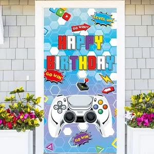 Detail of gamer birthday door banner featuring game controller and Level Up text print