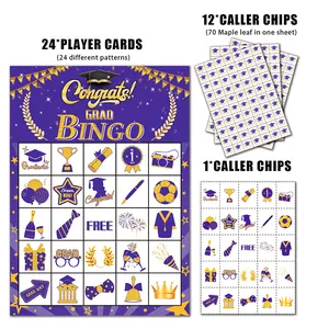 Details von lila-goldenen Abschluss-Bingo-Karten mit Doktorhüten und Trophäen