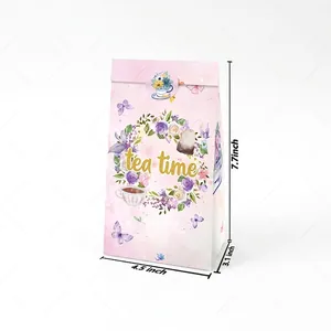 Pink floral tea time party gift bags with seal stickers for afternoon snacks and tea sessions