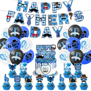 Father's Day Party Decoration Set Banner Balloons Cake Topper Mustache Tie Gentleman Elements Argyle Pattern Festival Home
