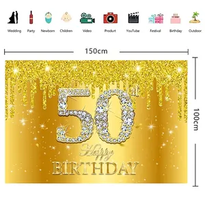 Golden 50th Happy Birthday banner with diamond glitter design, size 150cm x 100cm