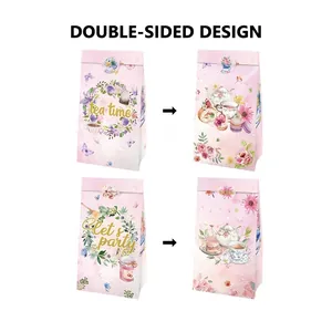 Floral tea time paper gift bag set with double-sided watercolor flower and dessert prints