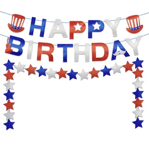 Independence Day Happy Birthday Banner Glitter Paper Star Garland Red White Blue Patriotic Party Decorations Birthday Supplies