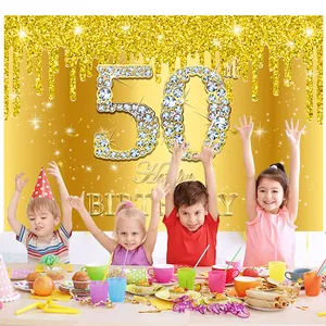 50th birthday backdrop featuring golden diamonds and children at a party table