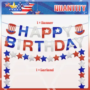 Glittery Happy Birthday banner with red white and blue star garland for patriotic party