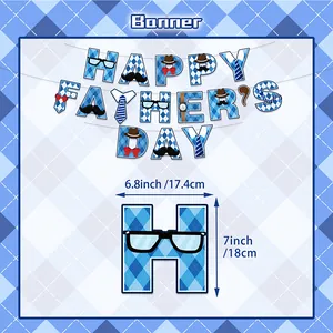 Happy Father's Day blue argyle banner with mustache icons for party decorations